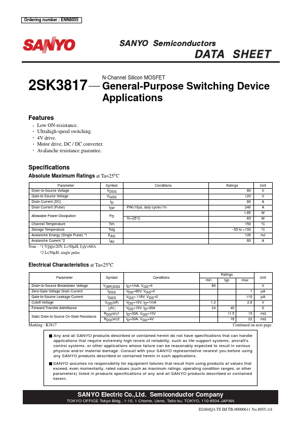 2SK3817 Sanyo Semicon Device