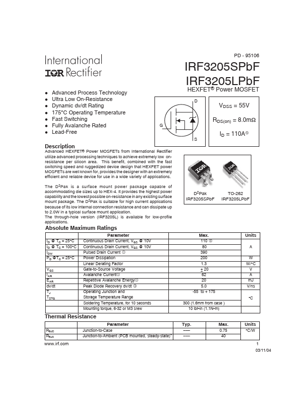 IRF3205LPBF International Rectifier