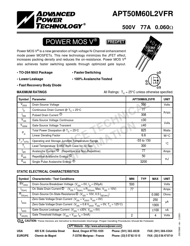 APT50M60L2VFR Advanced Power Technology