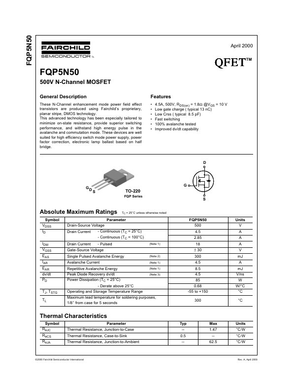 FQP5N50 Fairchild Semiconductor