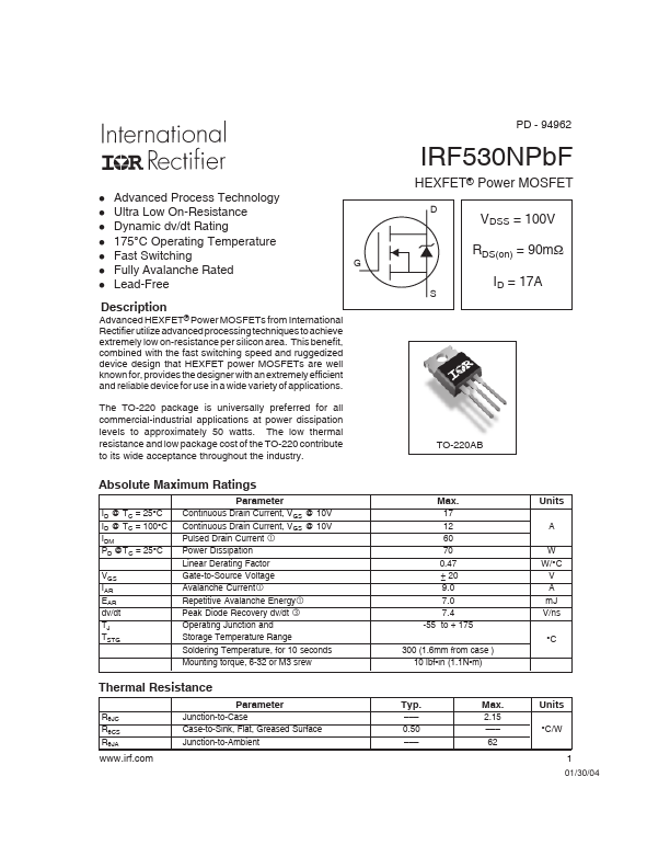 <?=IRF530NPbF?> डेटा पत्रक पीडीएफ