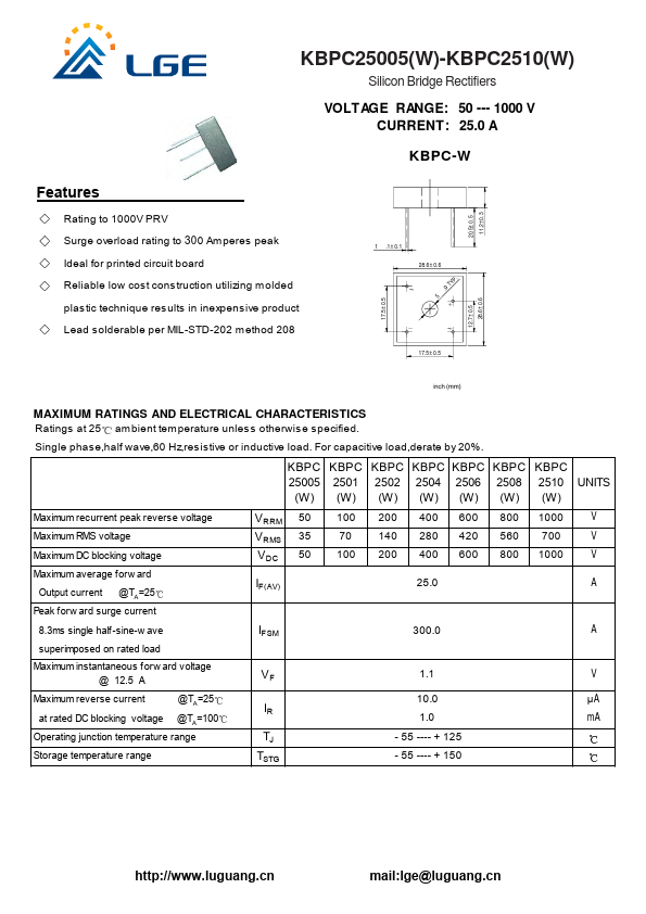 <?=KBPC25005W?> डेटा पत्रक पीडीएफ