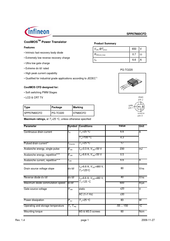 SPP07N60CFD Infineon Technologies