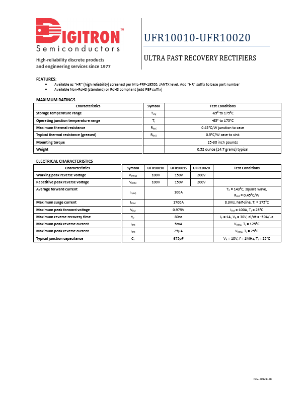 UFR10020 Digitron Semiconductors