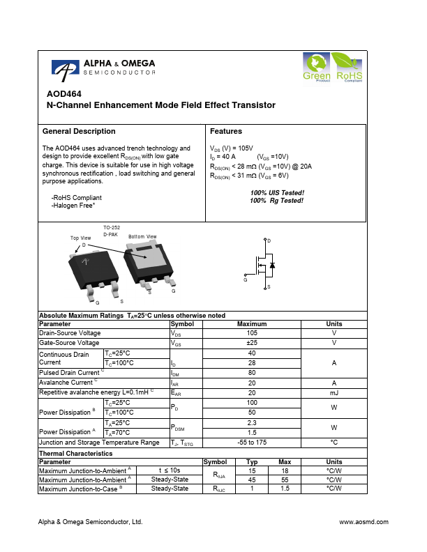 AOD464 Alpha & Omega Semiconductors