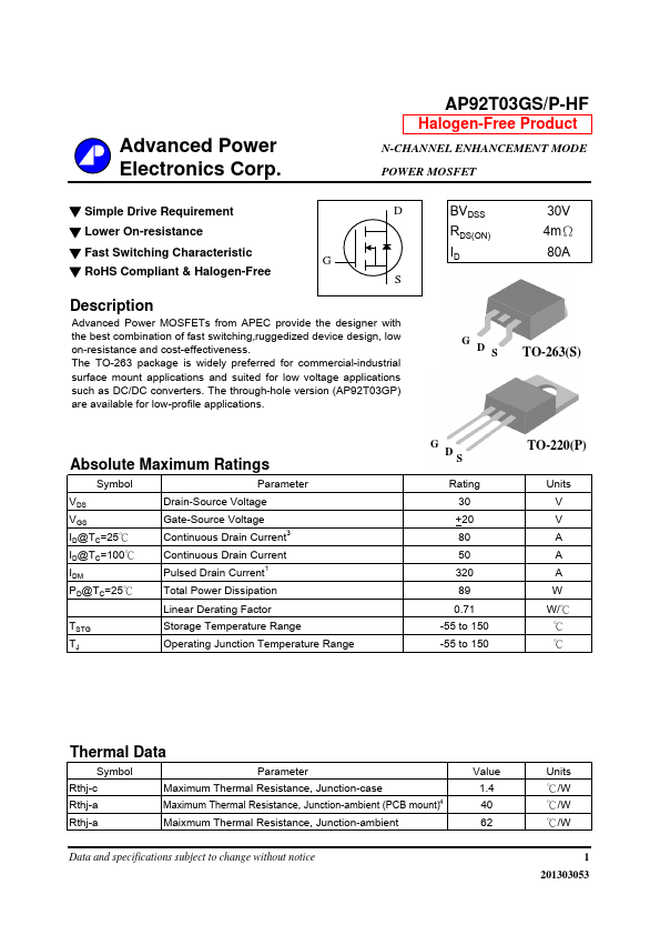 AP92T03GS-HF Advanced Power Electronics