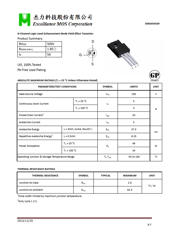 EMD05N50F Excelliance MOS