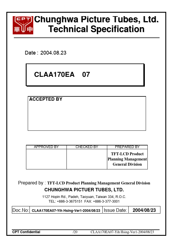 CLAA170EA07 CHUNGHWA PICTURE TUBES