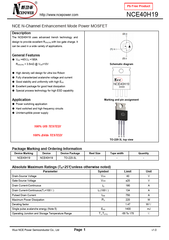 NCE40H19 NCE Power Semiconductor