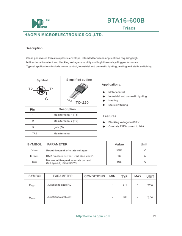 BTA16-600B HAOPIN MICROELECTRONICS