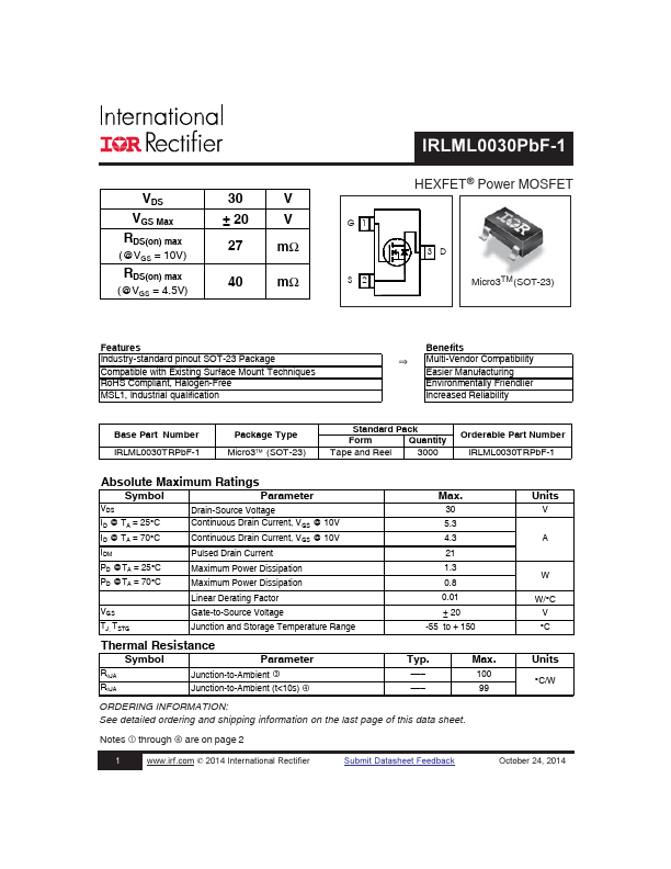 <?=IRLML0030PBF-1?> डेटा पत्रक पीडीएफ