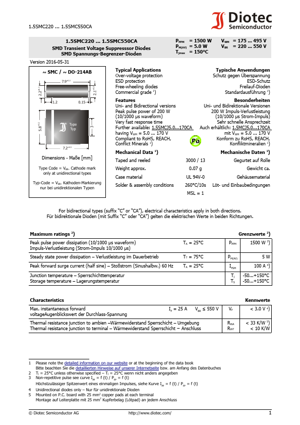 <?=1.5SMC350C?> डेटा पत्रक पीडीएफ