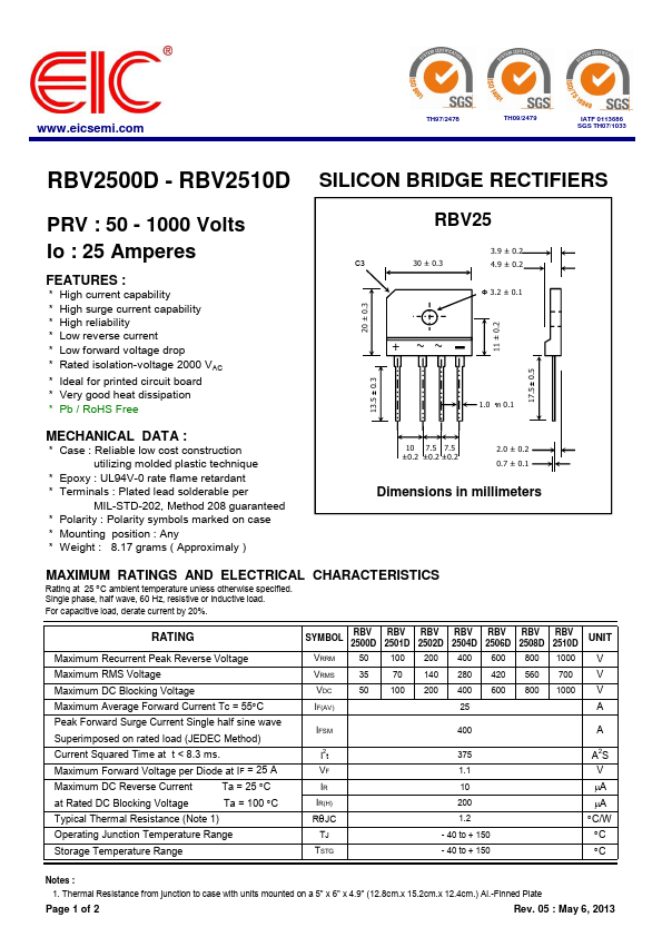 RBV2501D EIC discrete Semiconductors