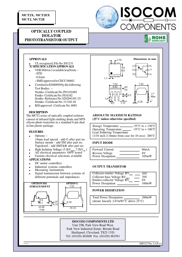 MCT2E ISOCOM COMPONENTS