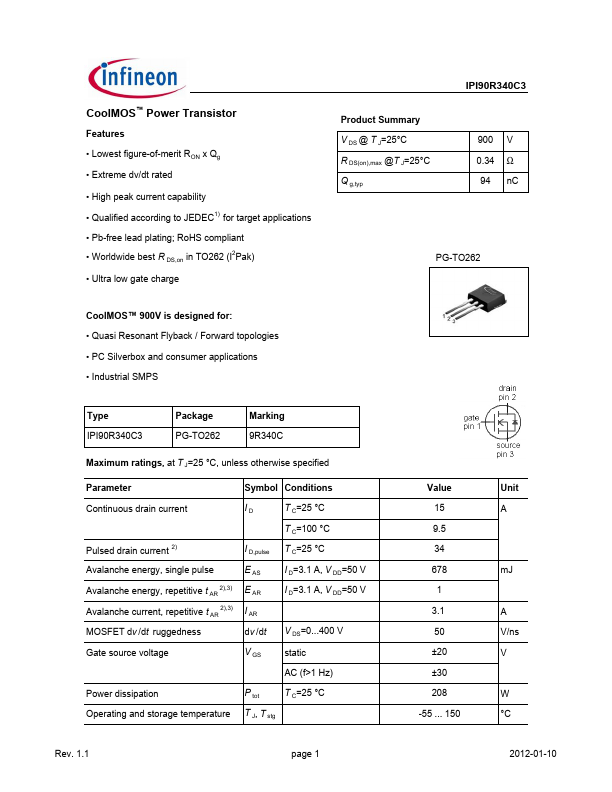 <?=IPI90R340C3?> डेटा पत्रक पीडीएफ