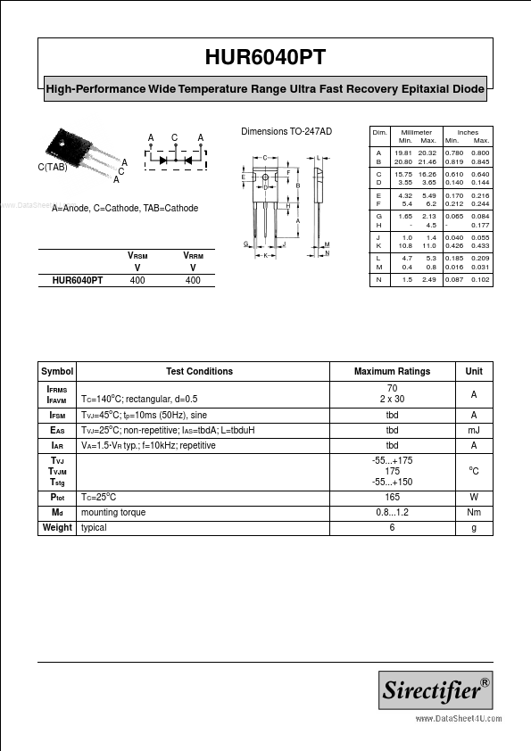 HUR6040PT Sirectifier Semiconductors