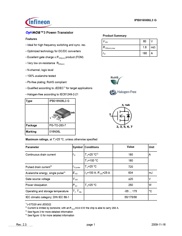 <?=IPB016N06L3G?> डेटा पत्रक पीडीएफ