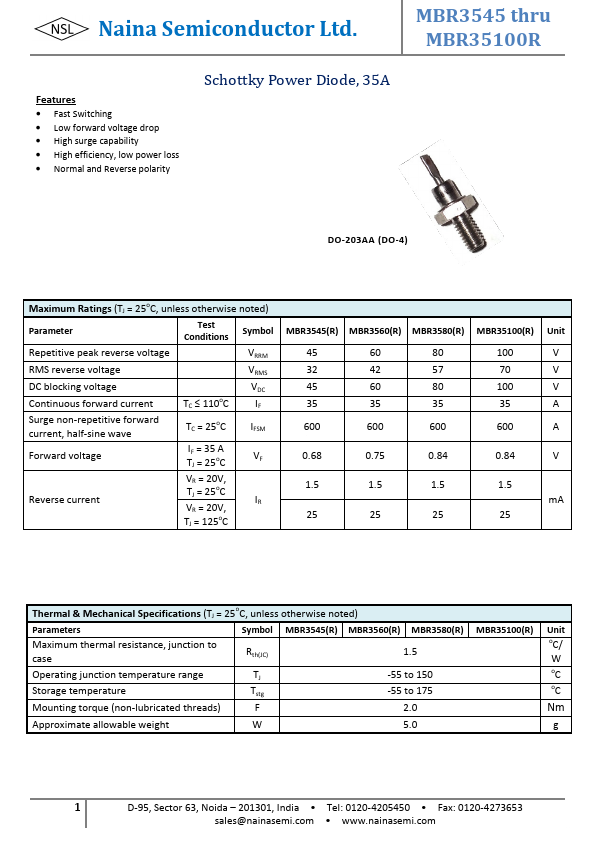 MBR35100R Naina Semiconductor