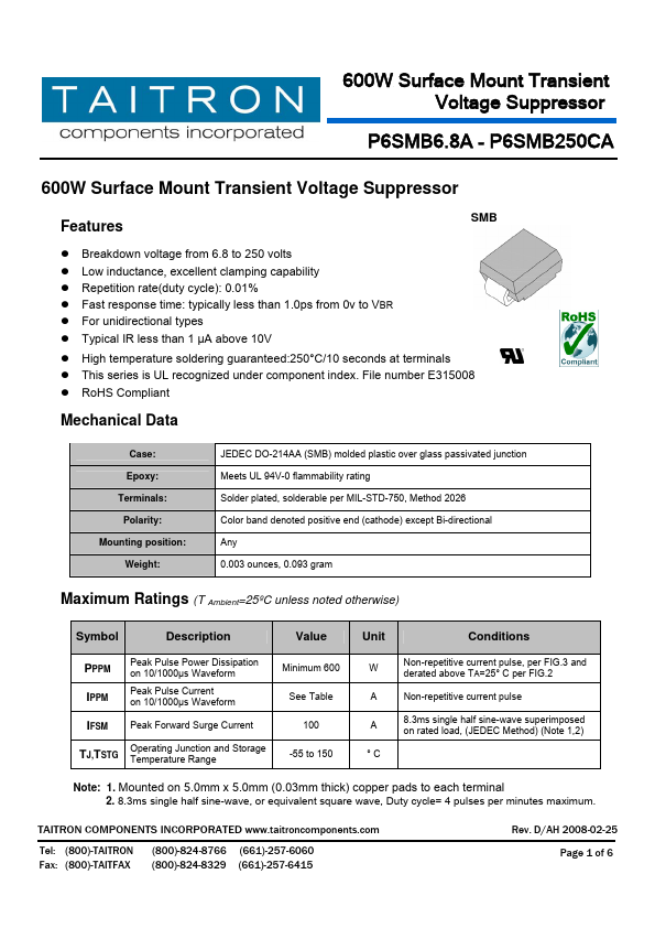 <?=P6SMB120A?> डेटा पत्रक पीडीएफ