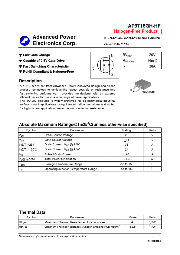 AP9T18GH-HF Advanced Power Electronics