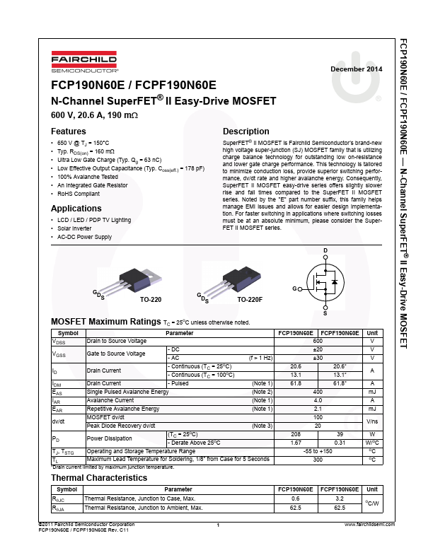 FCPF190N60E Fairchild Semiconductor