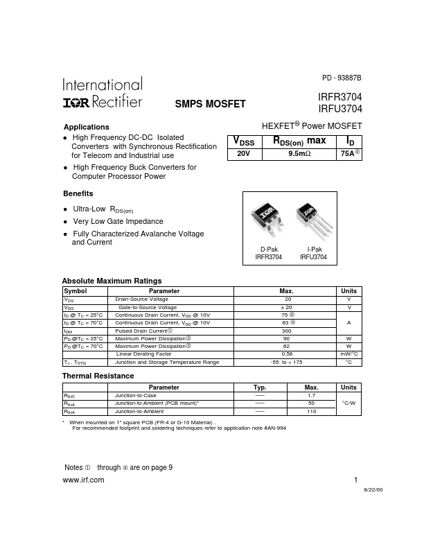 <?=IRFR3704?> डेटा पत्रक पीडीएफ