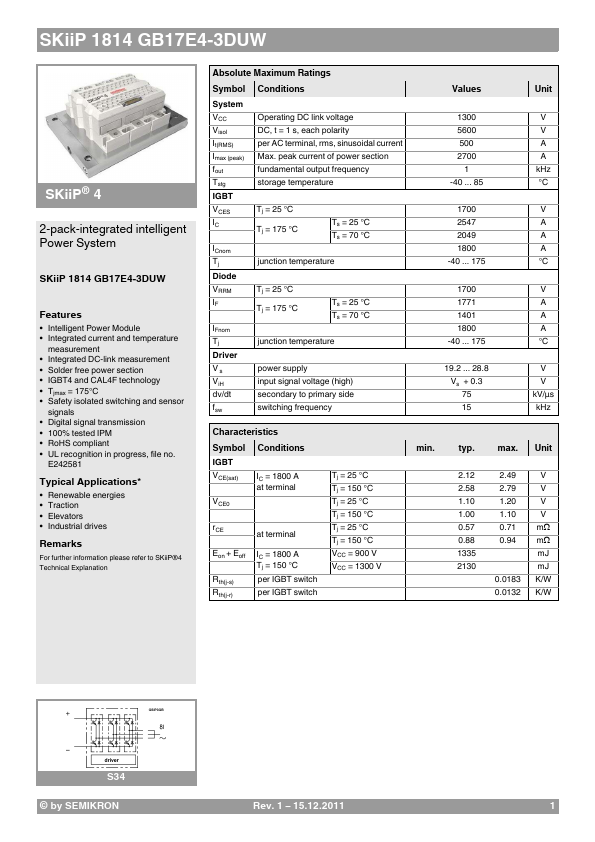 SKiiP1814GB17E4-3DUW Semikron International
