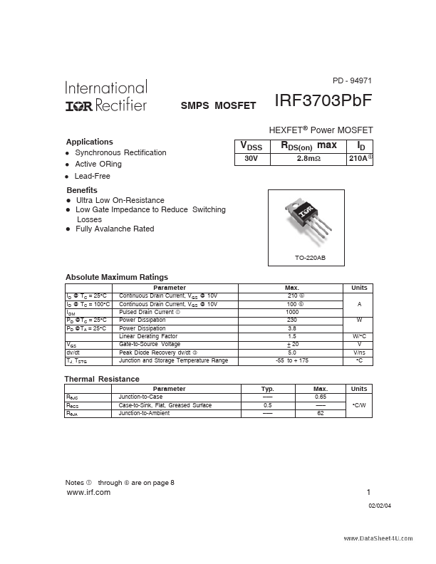 <?=IRF3703PBF?> डेटा पत्रक पीडीएफ