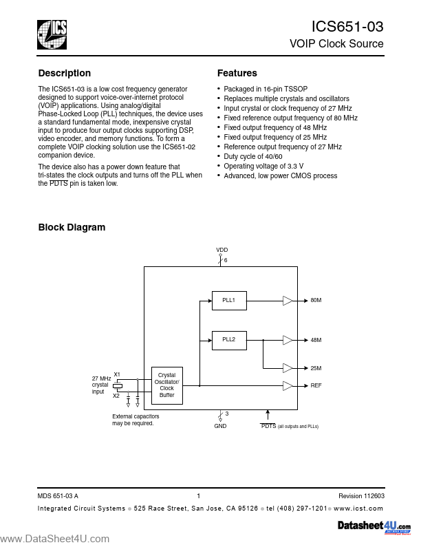 ICS651-03 Integrated Circuit Systems