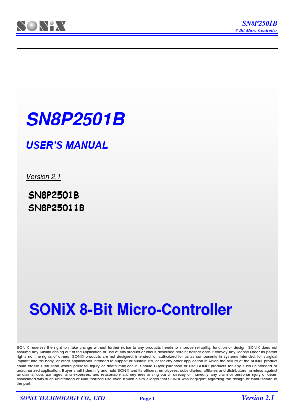 SN8P25011B SONiX