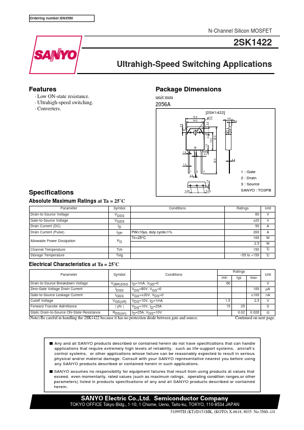 2SK1422 Sanyo Semicon Device