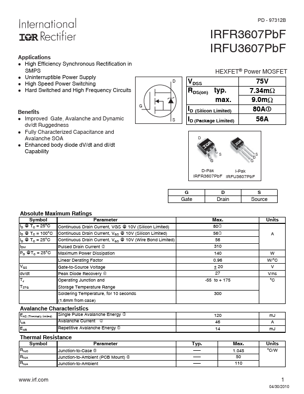 <?=IRFR3607PBF?> डेटा पत्रक पीडीएफ