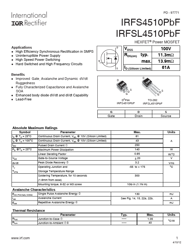 <?=IRFSL4510PbF?> डेटा पत्रक पीडीएफ