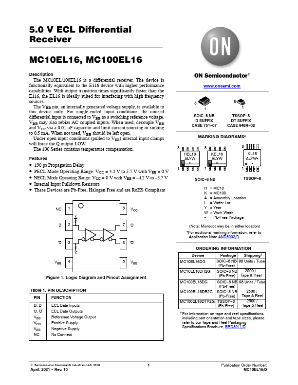 MC10EL16 ON Semiconductor