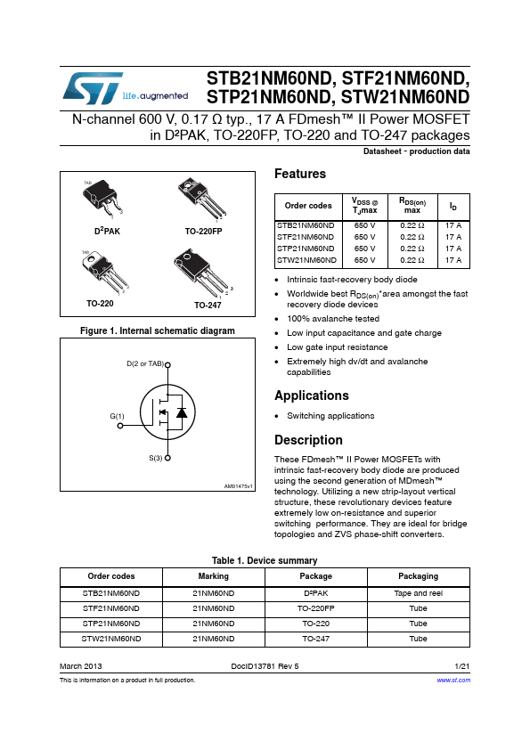 STW21NM60ND STMicroelectronics