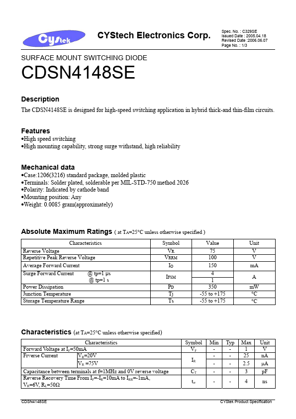 <?=CDSN4148SE?> डेटा पत्रक पीडीएफ
