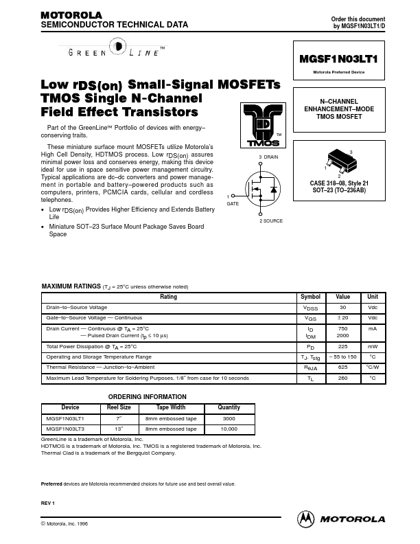MGSF1N03LT1 Motorola