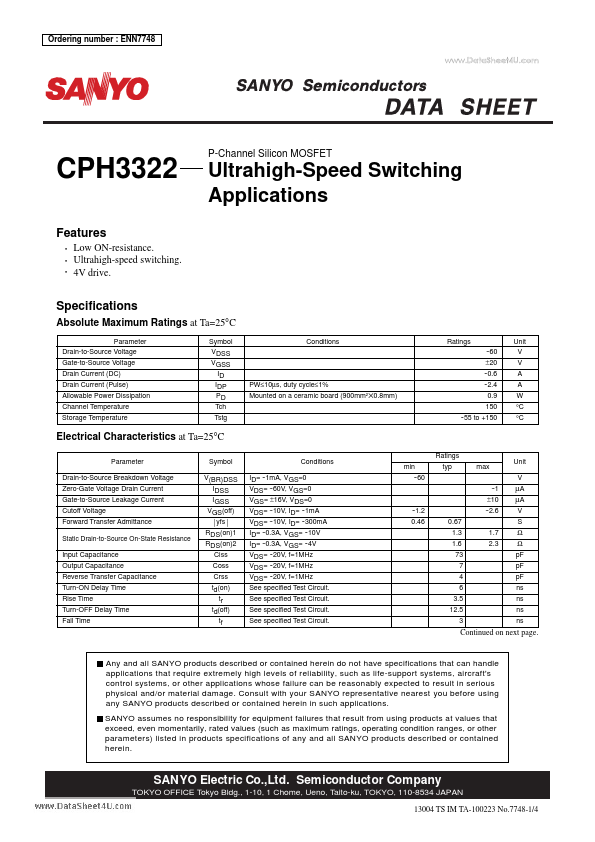 CPH3322 Sanyo Semicon Device