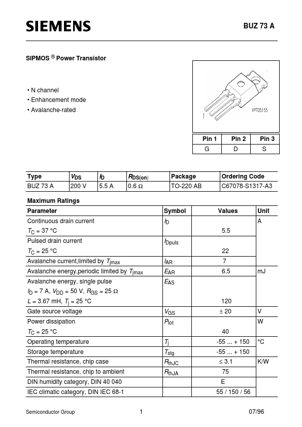 BUZ73A Siemens Semiconductor Group