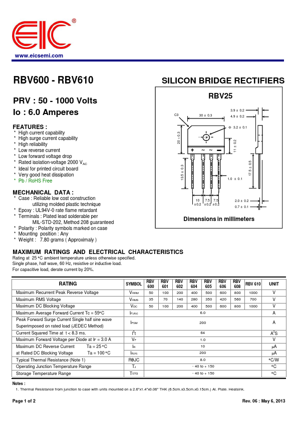 RBV606 EIC discrete Semiconductors