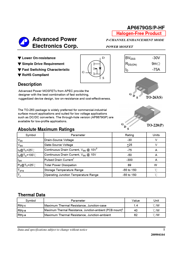 AP6679GS-HF Advanced Power Electronics