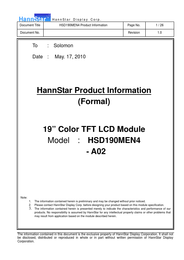 HSD190MEN4-A02 HannStar