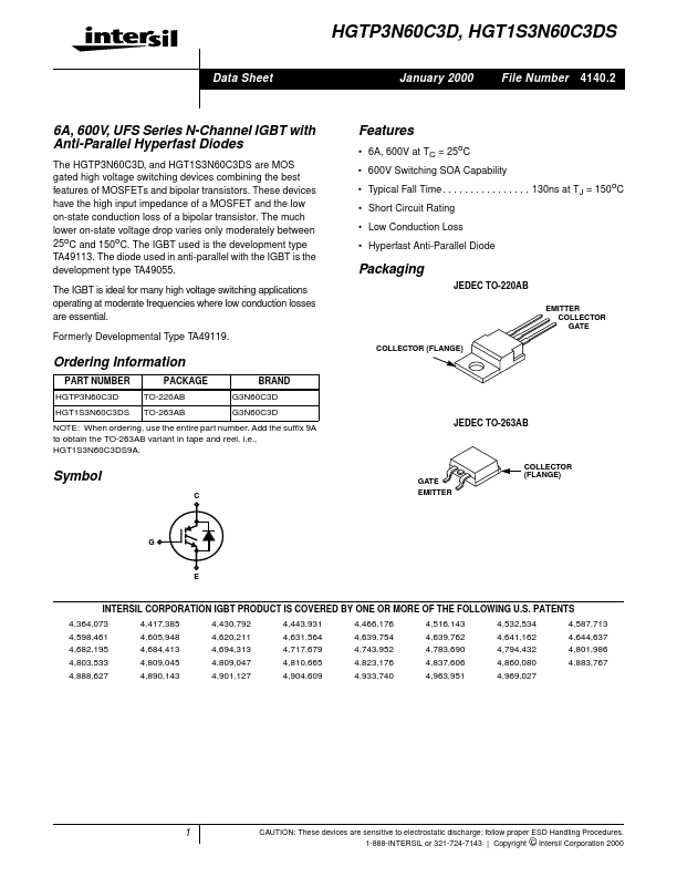 HGT1S3N60C3DS Intersil Corporation