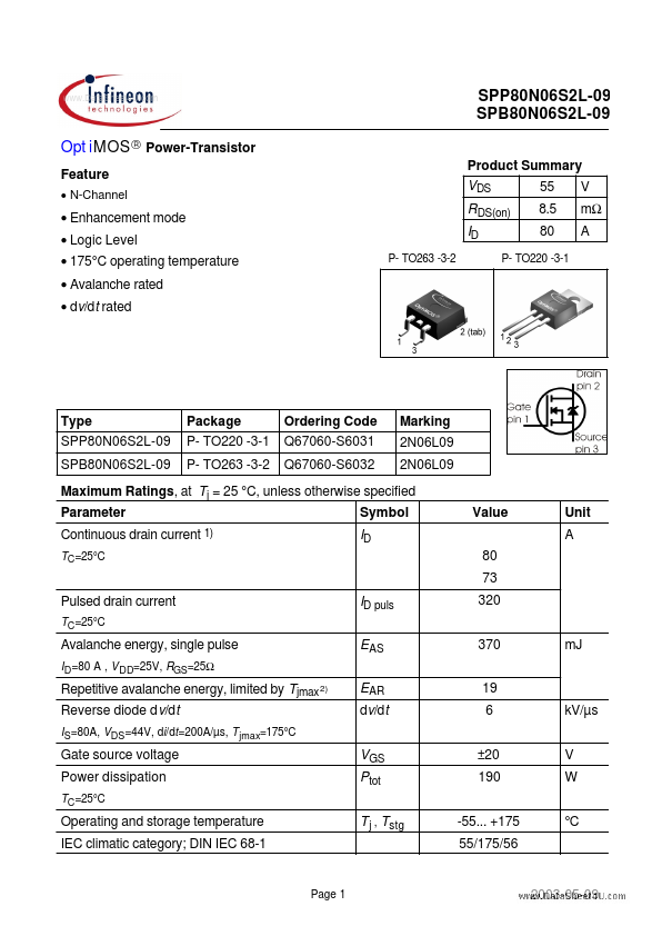 <?=SPP80N06S2L-09?> डेटा पत्रक पीडीएफ