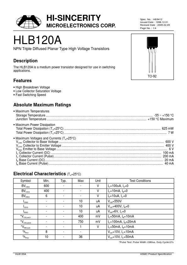 HLB120A Hi-Sincerity Mocroelectronics