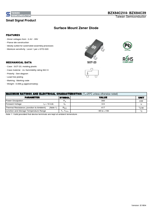 BZX84C15 Diode Datasheet pdf - Zener Diode. Equivalent, Catalog