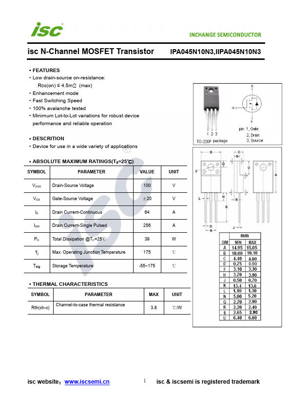 IPA045N10N3 INCHANGE