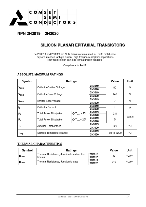 <?=2N3019?> डेटा पत्रक पीडीएफ