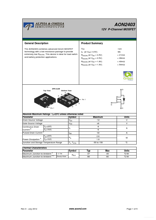 AON2403 Alpha & Omega Semiconductors