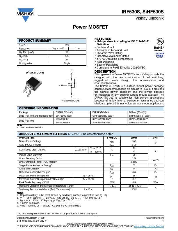 <?=IRF530S?> डेटा पत्रक पीडीएफ